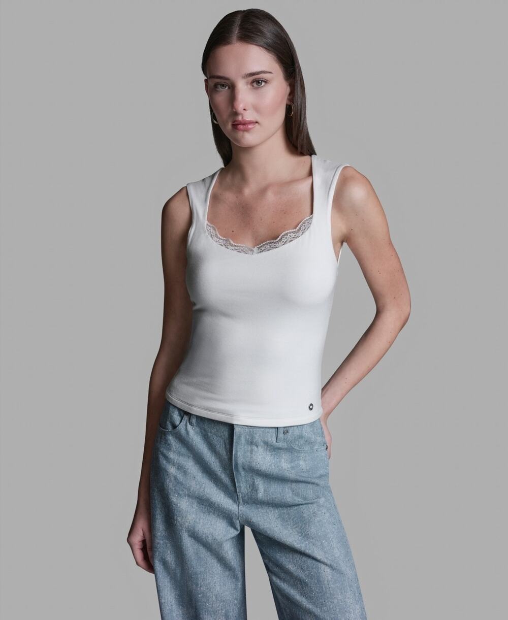 BCBG Women's Cap-Sleeve Lace Trim Detail Scallop Neck Camisole Top Size M 3669